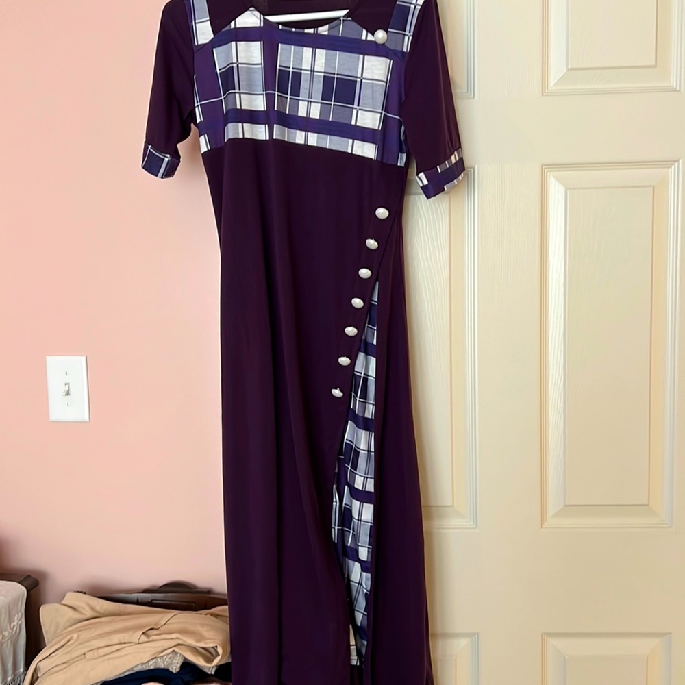 Small woman’s longer t length dress purple with white and purple check